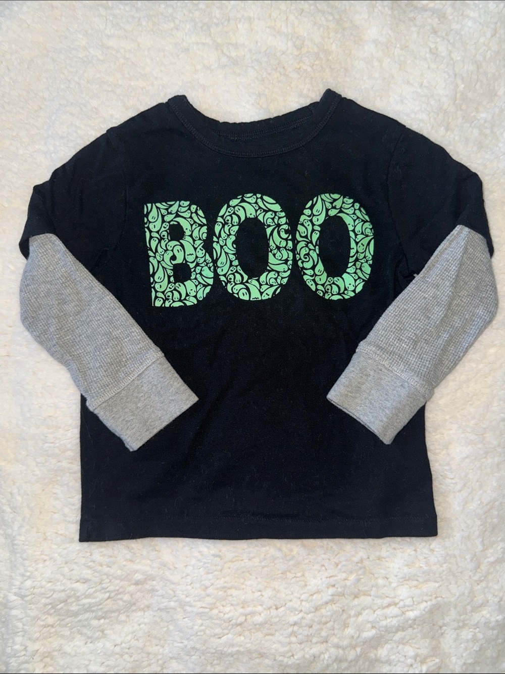 Kids Black Long Sleeve 'BOO' Layered-Look Tee with Gray Sleeves Glow in the Dark
